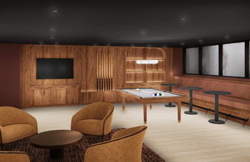 A room with a pool table, chairs, and a television.